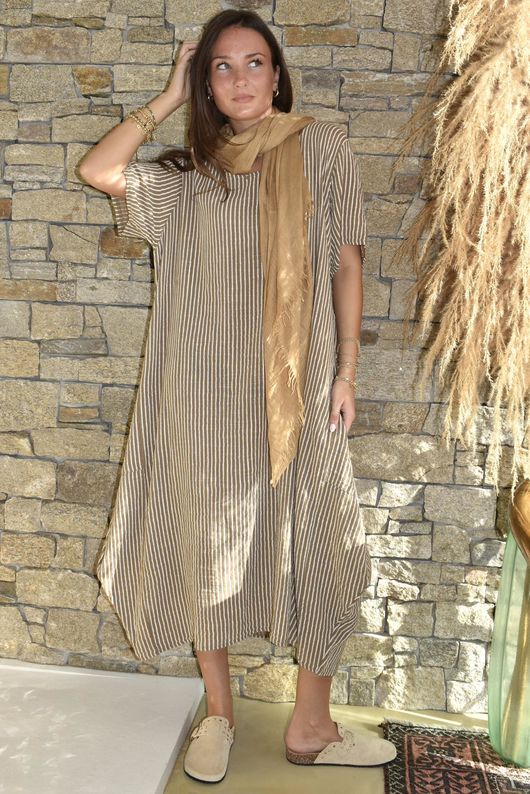 Salcombe Chalk Stripe Cotton Cocoon Dress Tan /28=